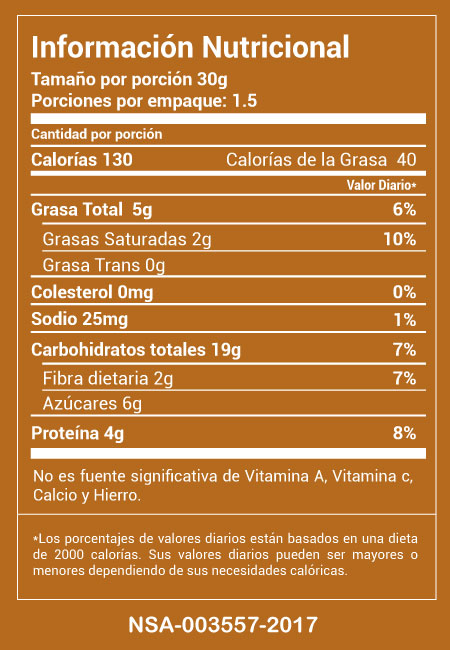 Informacion nutricional Granola chohcolate oscuro